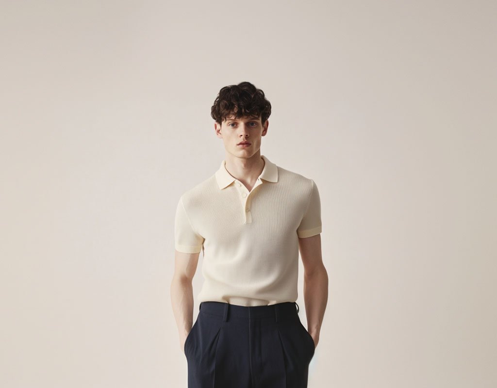 a male model dressed a beige color knitting fabric polo shirt